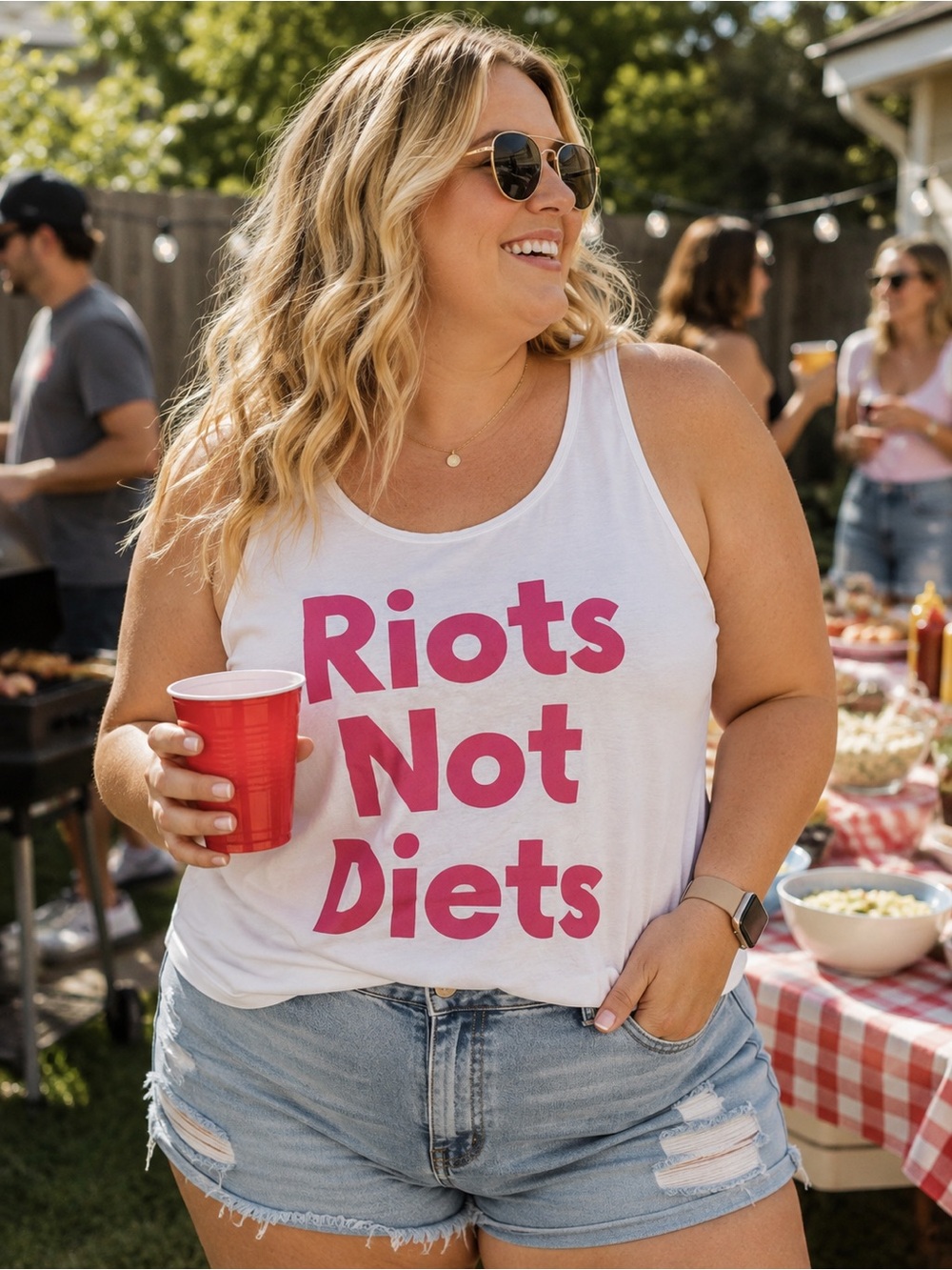 Port and Company White Tank with Pink "Riots Not Diets" Graphic